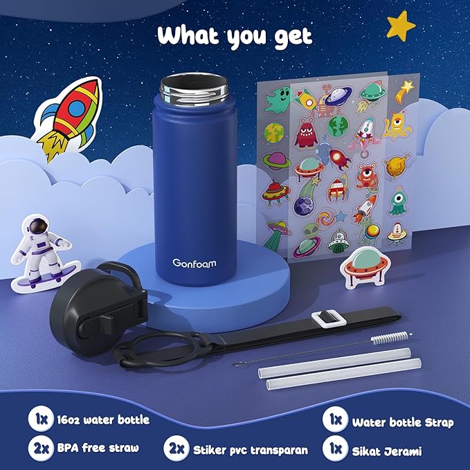 Kids Water Bottle, 16oz Kids Water Bottle with Stickers for School, insulated Stainless Steel Straw Cup(Sapphire Blue)