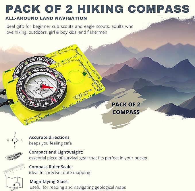 Trekker's Compass Crew Orienteering Compass, Pack of 2, Magnetic Navigation Set for Hiking, Camping, Backpacking, Scout Activities