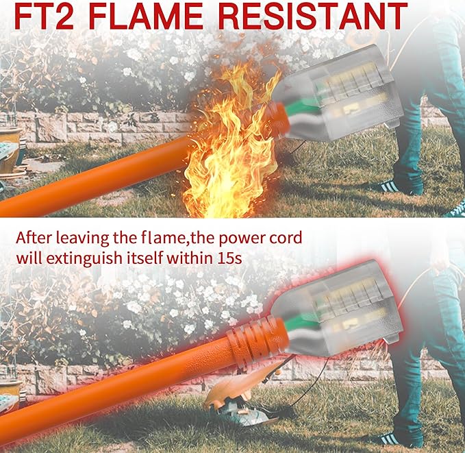 100 FT 14/3 Extension Cord Outdoor, Heavy Duty Weatherproof & Flame Retardant Orange 3 Prong Power Cord with Light, Outside for Lawn & Garden, 13 Amps 1625 Watts 125 VAC 14AWG SJTW, ETL Listed
