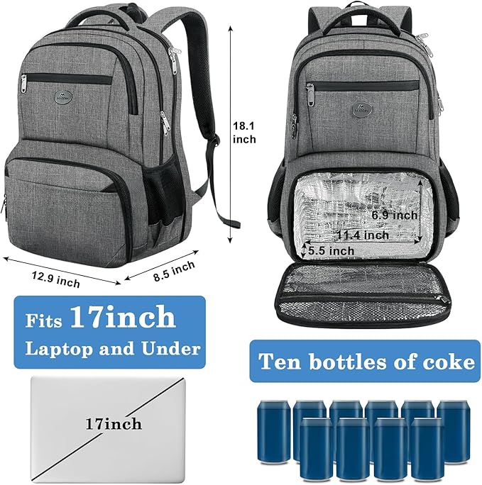 MATEIN Work Backpack for Men, Large Anti Theft Lunch Backpack with Laptop Compartment, TSA Friendly Travel Carry On Flight Approved, Lightweight College Bag for Camping Hiking, Grey