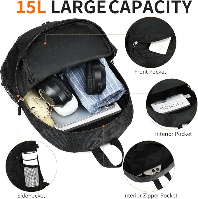 Small Hiking Backpack Travel Lightweight Hiking Packable Daypack Water-Resistant Foldable Backpacks 15L for Travel Women Men Camping (Black)