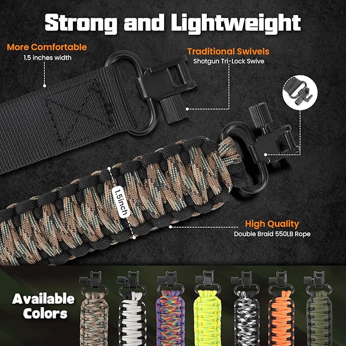 Double Braide 550LB Shotgun Sling 2 Point Paracord Rifle Sling,Non-Slip Traditional Adjustable Gun Sling for Hunting Shooting Camping