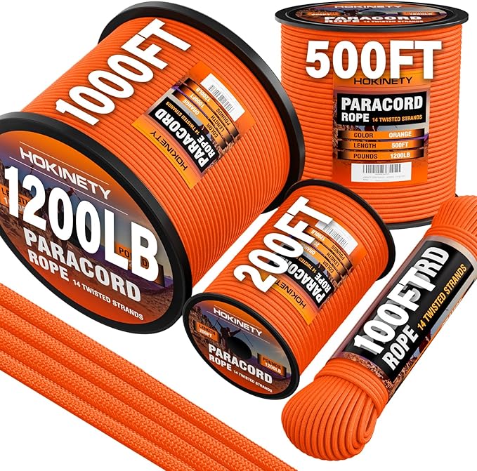 1200 Paracord Rope - 4.4mm 14 Strand Nylon Parachute Spool para Cord Lanyard for Outdoor Camping Survival Utility Tent Crafting DIY Projects Fishing Clothsline Bracelet - Orange 100FT