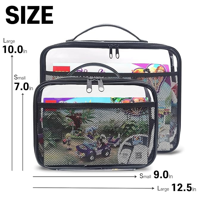 holay 4 Packs PVC Toy Storage Organizer with Zipper, Name Tag & Manual Pocket, Clear Durable Case for Blocks, Clay, Board Games, Travel (Black, Small)