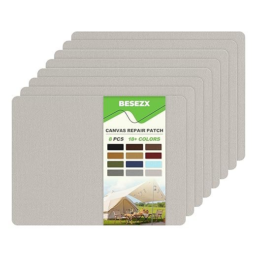 Besezx Canvas Repair Patch,Outdoor Gear Patch, 7.87x5.9 Inches 8PCS,Waterproof Self-Adhesive Fabric Repair Tape for Repairing Boat Covers,Sun Shades,Sofas,Tents,Lounge Chairs,Awnings (Light Grey)