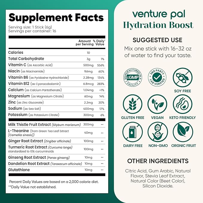 Venture Pal Hydration Packets + Liver Support- Liquid Daily IV Electrolyte Powder Packets with 7 Electrolytes & 5 Vitamins, Milk Thistle + L-Theanine | Sugar-Free | Keto Friendly | Vegan, 16 Sticks