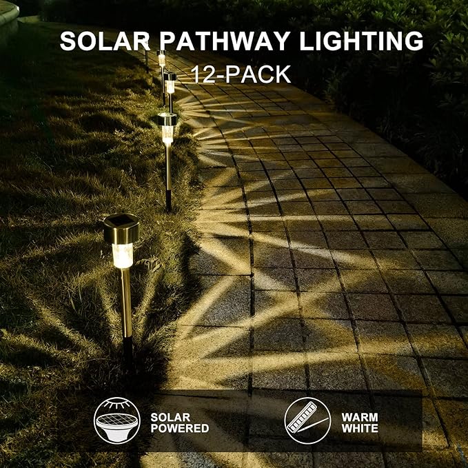 Dream Master Solar Lights Outdoor Waterproof, Stainless Steel LED Landscape Lighting, Solar Garden Lights, Outdoor Decorations for Yard, Pathway, Walkway, Patio, Lawn - 16 Pack (Warm White)