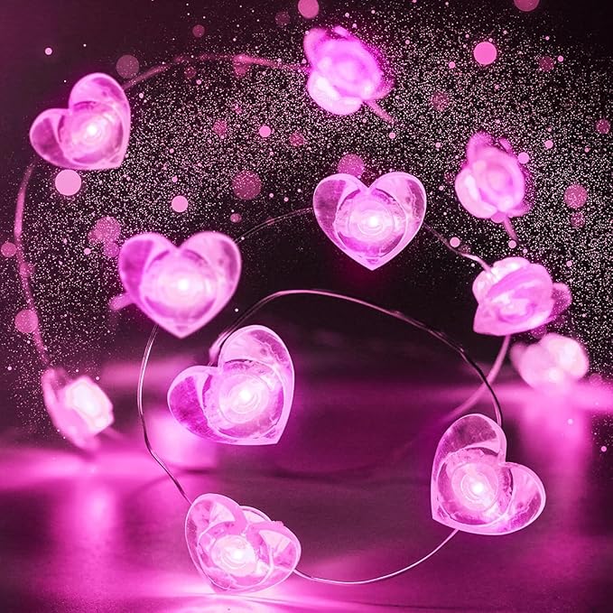 10FT Pink Heart Fairy Lights Battery Operated with Timer for Mothers Day Decoration, LED String Light Indoor Outdoor Waterproof Twinkle Light for Christmas Proposal Anniversary Valentines Party Decor