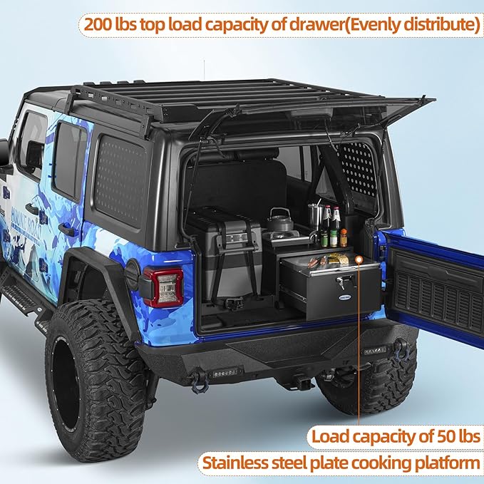 Hooke Road JK/JL/Bronco Trunk Sliding Drawer System & Fridge Slide Mount for 2007-2026 Jeep Wrangler JKU JLU 4-Door & 2021-2026 Ford Bronco 4-Door, Storage Lock Box for Overland Camping Gear