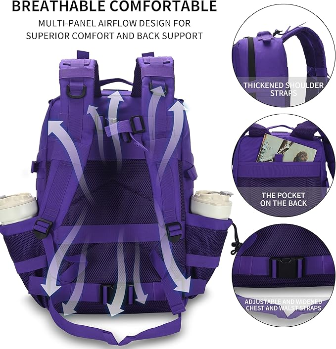 Sparklekle Military Tactical Backpack 45L 3 Day Assault Pack Waterproof Molle Hiking Rucksack for Men&Women (Purple)
