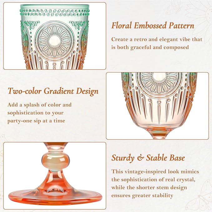 XUWAIDSGN 24Pcs Plastic Vintage Wine Glasses 13.5oz Reusable Embossed Goblet Glasses Green Orange Gradien Retro Wine Glassware Unbreakable Stemmed Champagne Water Cups for Cocktail Juice Wedding