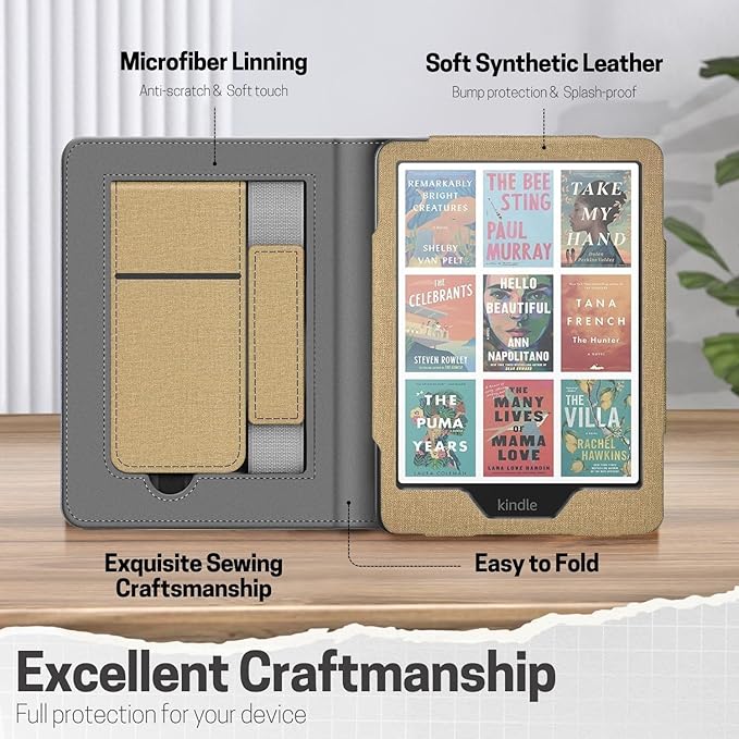 TNP Stand Case with Strap for Kindle Paperwhite 12th Gen 2024 / Kindle Colorsoft Signature Edition - 7" PU Leather Protective Folio Cover with Auto Wake/Sleep & Card Slot, Gold