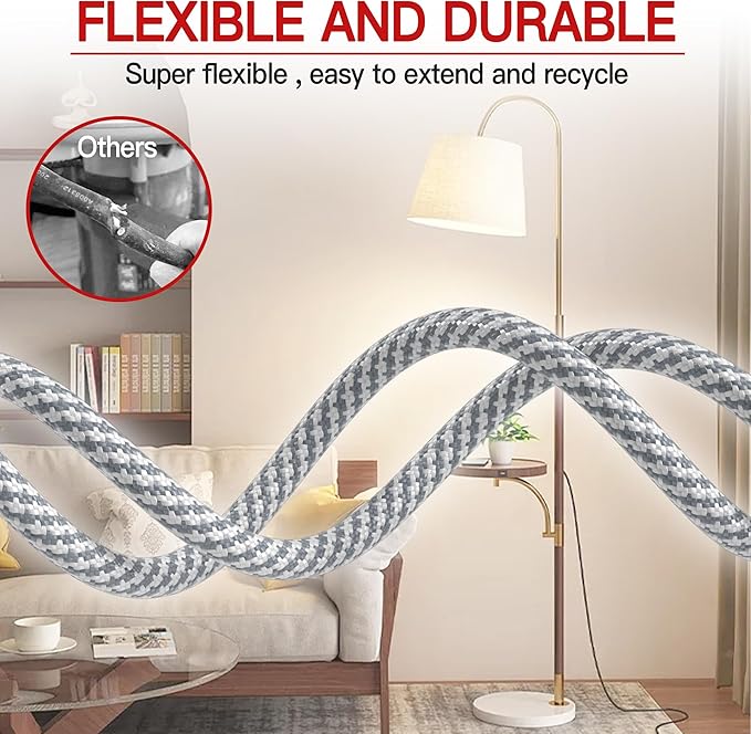 16/3 Flat Plug Braided Extension Cord 3 FT, Indoor 3 Prong Grounded Low Profile Extension Wire Flexible, Suitable for Home and Office, 13 Amp 1625 Watt 125VAC 16AWG, ETL Listed