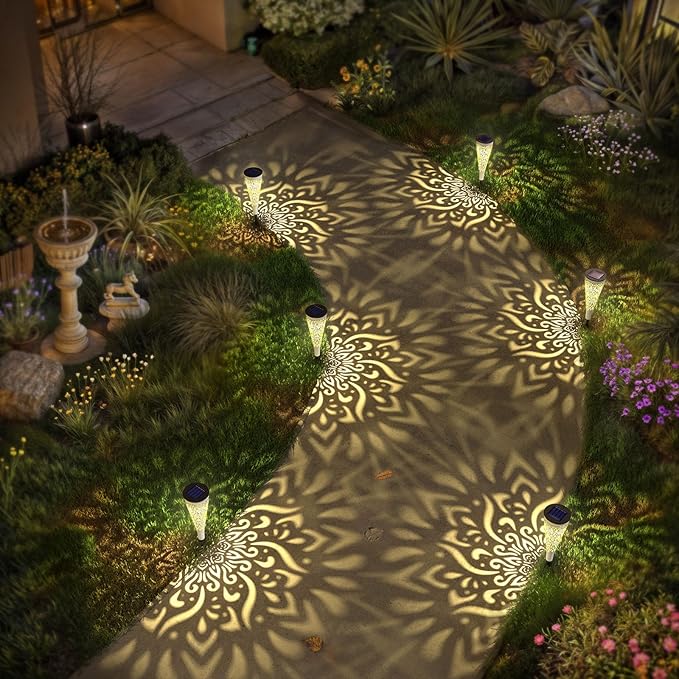 gardencave 6 Pack Solar Lights Outdoor Garden Decorative Mandala Solar Garden Lights with Warm Light Waterproof Solar Pathway Landscape Light for Path Patio Backyard Walkway Yard Decor (White)