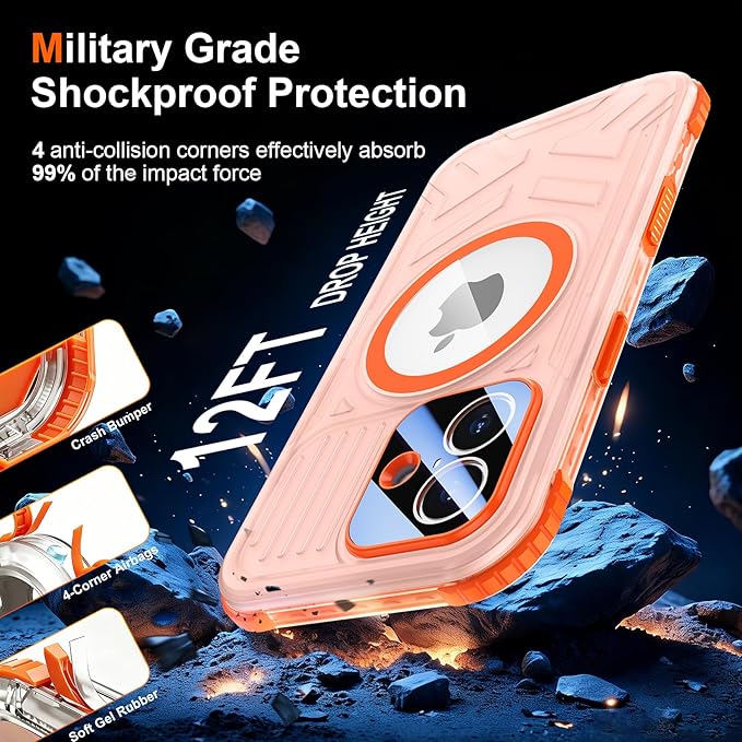 SPIDERCASE Magnetic for iPhone 17 Case Waterproof,[Built-in Screen & Camera Protector] [IP68 Underwater] 12FT Military Shockproof, Dustproof, Anti-Scratched Phone Case,Orange/Clear