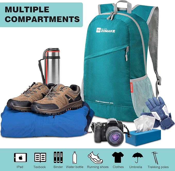 ZOMAKE Lightweight Packable Backpack, Foldable Backpacks Small Daypack for Hiking Water Resistant Day Bag for Travel(Turquoise Green)