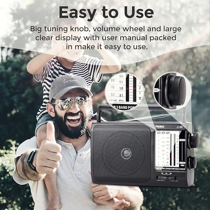 NOAA Weather AM FM Portable Radio with Best Reception, Transistor Radio, 3 X D Battery Operated Radios or AC Power for Household & Outdoor, Plug in Wall by PRUNUS