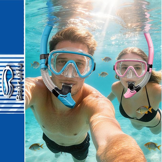 Bairuifu 2-Pack Snorkel Gear for Adults | Enhanced Anti-Fog & Anti-Leak Snorkeling Mask | Breath-Free Dry Snorkel | 180° Panoramic View with Quick-Dry Bags