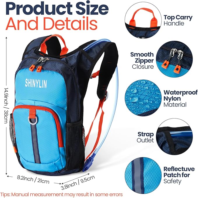 Shinylin 2 Pcs Kids Hydration Backpack with 1.5L Water Bladder Lightweight Kids Hiking Backpack Water Rucksack for Boys Girls Climbing Running
