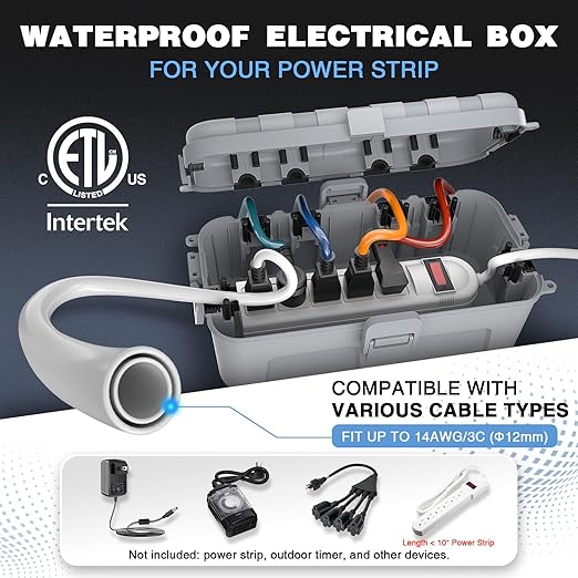 Flemoon [2 Pack] Outdoor Electrical Box Waterproof, Medium Weatherproof Electrical Box (11.5x5.2x4 inch) w/6 Cable Entry Ports, Extension Cord Cover for Power Strip, Plug, Holiday Light, Light Grey