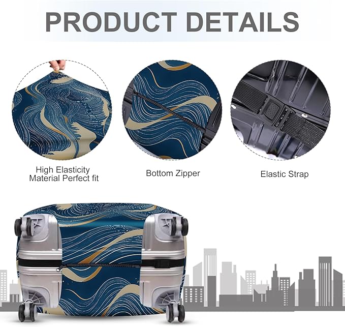 ANNA QUEEN Ocean Wave Luggage Cover, Elegant Blue Flow Line Design Suitcase Protector, Washable Stretchable Travel Sleeve for 20-22 Inch Luggage