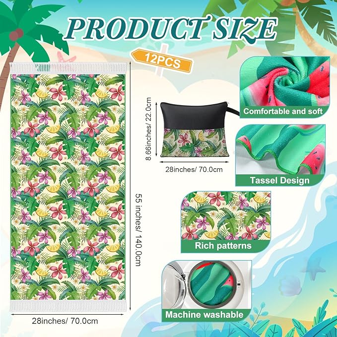 Peryiter 24 Pack Microfiber Oversize Turkish Beach Towel Set 12 Large Absorbent Beach Towels with 12 Storage Bag 28 x 55 Quick Dry Lightweight Bath Towel Blanket for Hawaii Camp Swim Pool(Fruit)