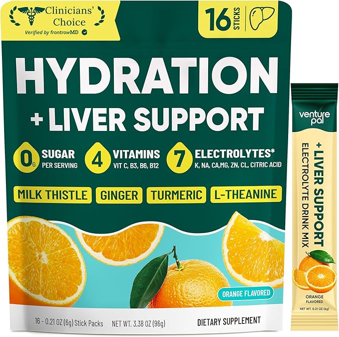 Venture Pal Hydration Packets + Liver Support- Liquid Daily IV Electrolyte Powder Packets with 7 Electrolytes & 5 Vitamins, Milk Thistle + L-Theanine | Sugar-Free | Keto Friendly | Vegan, 16 Sticks