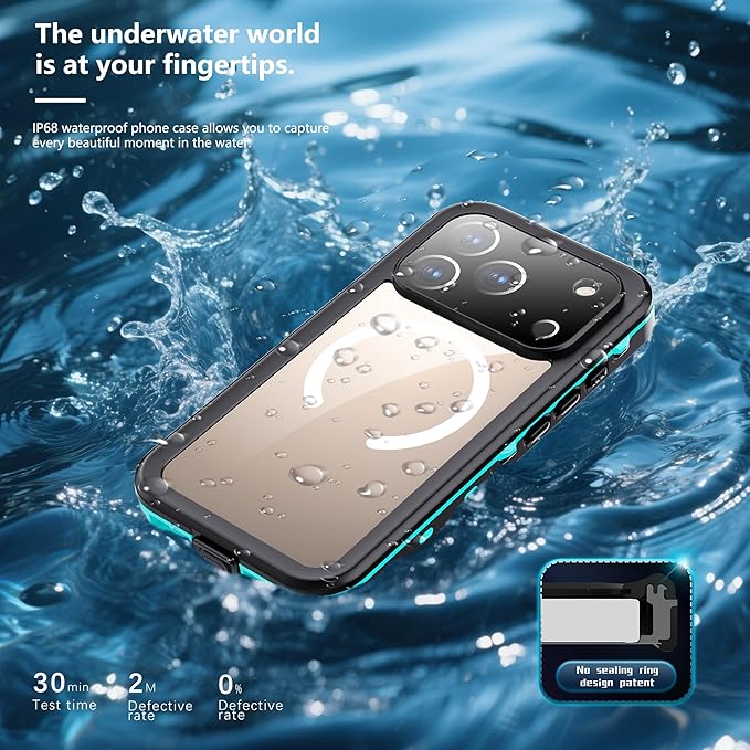 Compatible for iPhone 17 Pro Max Case 6.9" Waterproof 【Compatible with Magsafe 】【IP68 Underwater】 Clear Magnetic Built-in Screen Protection Lanyard Diving Swim Dustproof Shockproof Blue