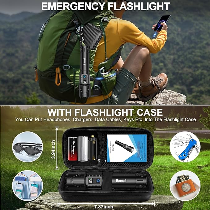 Banral Rechargeable Tactical Flashlights 2000 High Lumens - 5000mAh Super Bright LED Powerful Flash Light, Waterproof Handheld USB C Flashlight for Home,Car,Camping,Emergencies,5 Modes (1, Black)