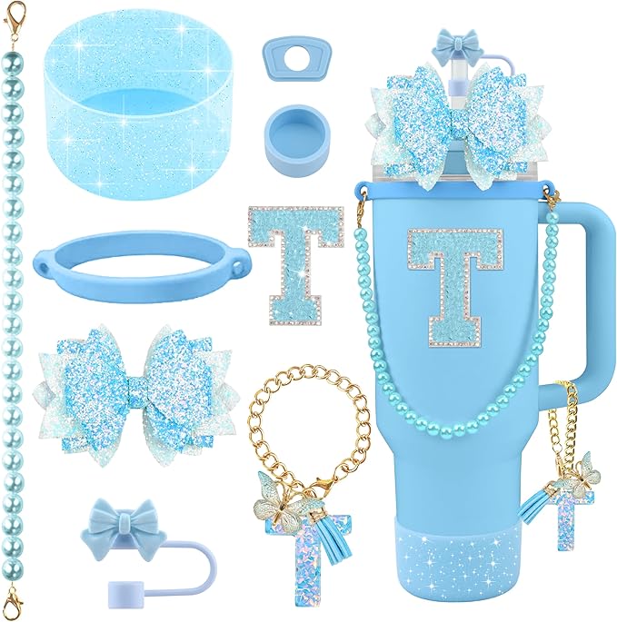 9PCS Blue for Stanley Cup Accessories Set Bling Initials Bow Charms for Stanley Decorations 30/40 Oz Tumbler Accessories Including Bow Straw Topper, Handle Strap, Spill Stopper（Letter T）