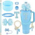 9PCS Blue for Stanley Cup Accessories Set Bling Initials Bow Charms for Stanley Decorations 30/40 Oz Tumbler Accessories Including Bow Straw Topper, Handle Strap, Spill Stopper（Letter T）