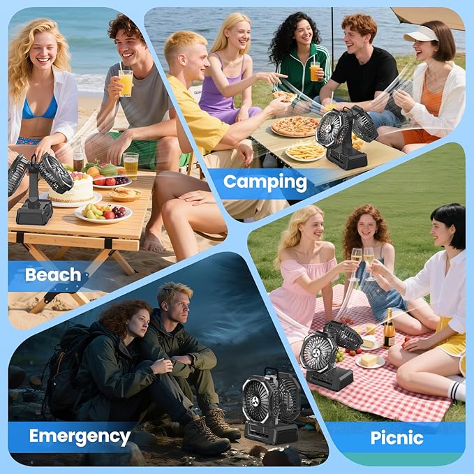 Dual Head Portable Rechargeable Fan 20000mAh Battery Powered Fan Camping Cordless with 360° Air Delivery, LED Lantern & Remote, Auto Oscillation, Battery Operated for Tent Office Travel Picnic Jobsite