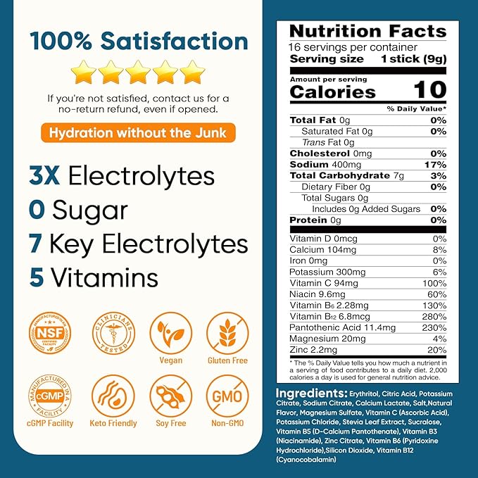 Venture Pal Sugar Free Electrolyte Powder Packets - Liquid Daily IV Hydration Packets | Electrolytes Drink Mix with 5 Vitamins & 7 Electrolytes | Keto Friendly | Non-GMO | Certified Vegan | 16 Sticks