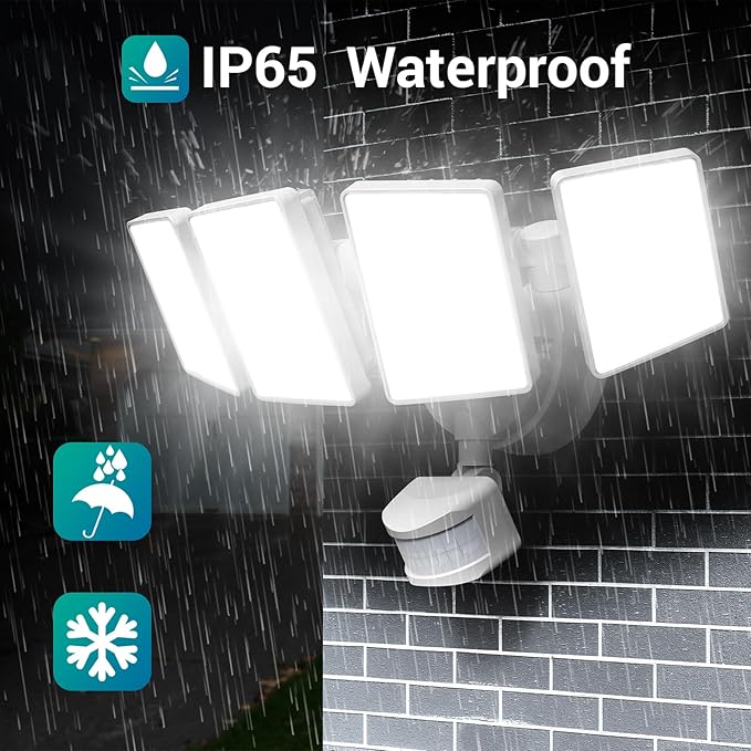 USTELLAR 100W 10000LM LED Security Lights Motion Sensor Outdoor, Remote Control 4 Heads LED Flood Light Outdoor, 5000K Daylight, IP65 Waterproof, Bright Motion Detected Lights for Outside Yard