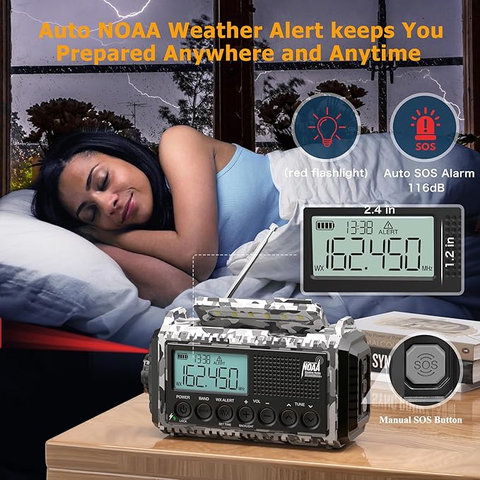 Eoxsmile Emergency Radio 12000mAh with NOAA Weather Alert | Solar, Hand Crank, Battery AM/FM/Shortwave with Type-C Charger, Flashlight, SOS for Hurricane, Camping, Outdoor Survival