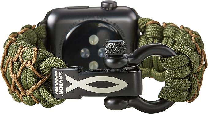 Savior Survival Gear Paracord Watch Band, Compatible with Apple Watch Band 49mm 46mm 45mm 44mm 42mm - iWatch Band Series Ultra 10 9 8 7 6 5 4 3 2 1 SE – Adjustable strap for men (Green - Khaki, Large)