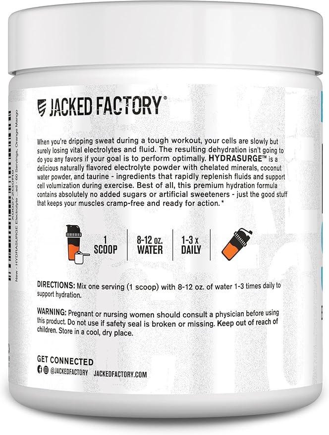 Jacked Factory HYDRASURGE Electrolyte Powder - Hydration Supplement with Key Minerals, Himalayan Sea Salt, Coconut Water - Keto Friendly, Sugar Free, Naturally Sweetened - 60 Servings, Orange Mango