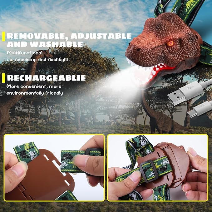 Dysaim Kids Headlamp,Dinosaur Headlamp for Kid LED Head Lamp Camping Gear Flashlight,Hiking Accessories Headlight,Ideal Gift Toys Suitable for Reading Birthday Halloween Xmas Party(2 Pack)