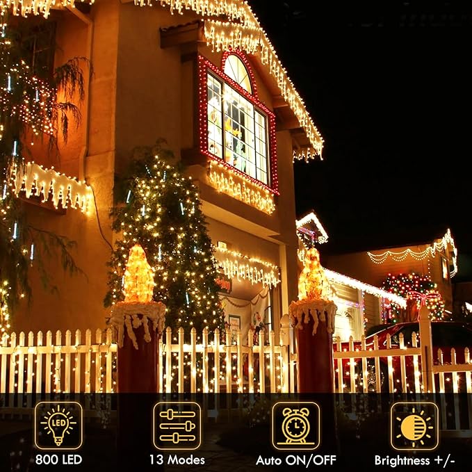 288FT 800LED Extra-Long String Lights Indoor Outdoor Clear Wire, Warm White Christmas String Lights, Plug in Twinkle Fairy Light With Timer and Memory For Wedding Patio Tree Yard Christmas Decorations