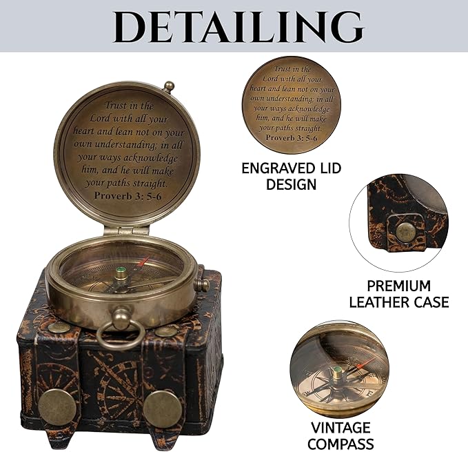 Handmade Brass Antique Compass with Leather Case – Vintage Finish Functional Pocket Navigation Tool for Travel, Hiking & Gift