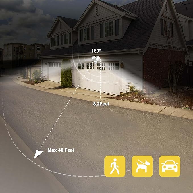LED Motion Sensor Outdoor Lights, 34W 3500LM 5000K Daylight, IP65 Waterproof, Dusk to Dawn Flood Light, 2 Head Motion Lights for House, Security Lights for Outside, Garage, Yard (White, 1 Pack)