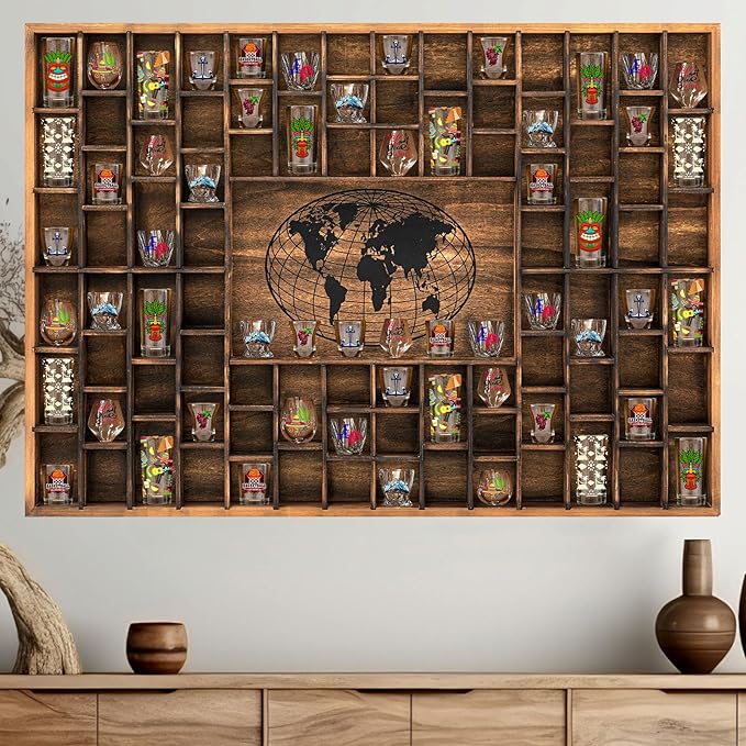 GlikCeil 88 Slots 48 x 34'' Jumbo World Map Shot Glass Display Case Rustic Wood Shot Glass Holder for Different Size Wineglass Bar Shelf Organizer Storage Cabinet Decor