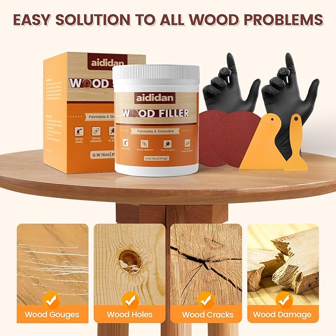 Wood Filler, Wood Repair Kit,16 Ounce Paintable & Stainable Wood Putty Filler, Wood Scratch Cracks Holes Repair Furniture, Exterior Wood Filler Water Resistant, Wood Putty (Natural)