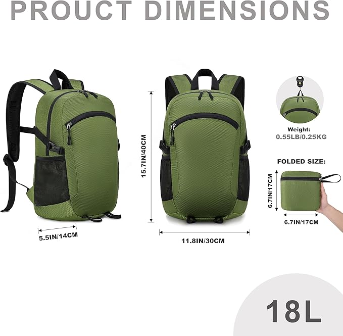 Lightweight Hiking Backpack 18L Packable Foldable Small Daypack Collapsible Travel Bag Water-Resistant for Women Men (Green)