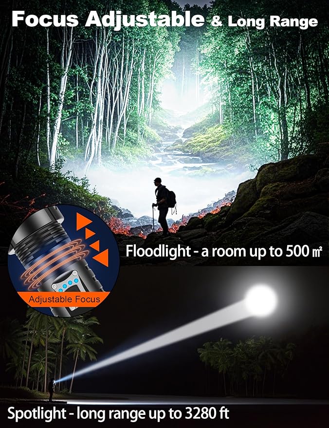 PHIXTON Rechargeable Flashlights High Lumens 10000 Super Bright Long Range 3280FT, Long Lasting 15H Powerful USB C LED Strong Flash Light High Powered, Heavy Duty, Zoomable, for Home Camping Gift