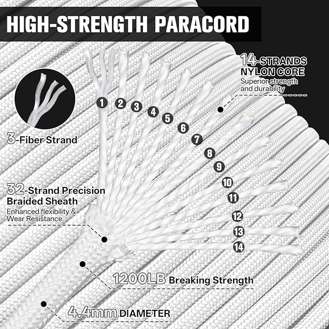1200 Paracord Rope - 4.4mm 14 Strand Nylon Parachute Spool para Cord Lanyard for Outdoor Camping Survival Utility Tent Crafting DIY Projects Fishing Clothsline Bracelet - White 100FT