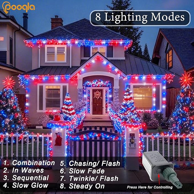 Pooqla 200 LED 66 FT 4th of July Decorations Lights, Red White Blue Patriotic String Lights, Outdoor Independence Day Fairy Lights 8 Modes Connectable for Home Yard Patio Party Decoration, Clear Wire