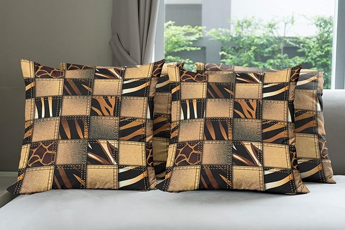 Ambesonne Safari Decorative Throw Pillow Case Pack of 4, Jeans Denim Patchwork in Safari Style Wilderness Design Art Print, Cushion Cover for Couch Living Room Car, 20", Brown Black