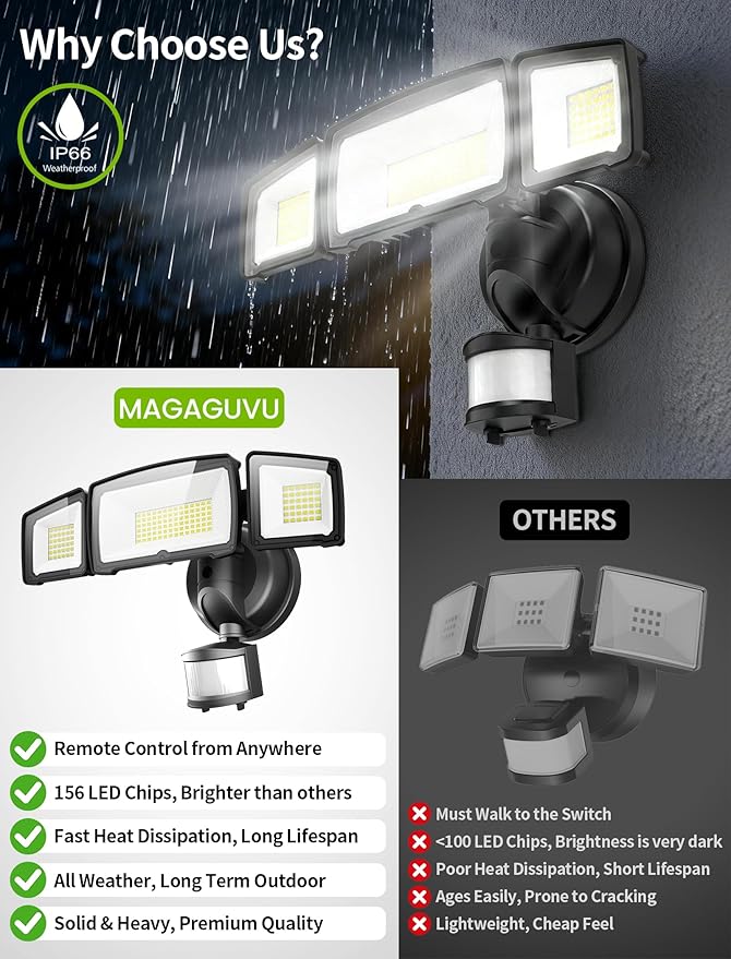 100W LED Security Lights, 11000LM Hardwired Flood Lights with Remote Control, Motion Sensor Outdoor Lights, 3 Adjustable Heads, IP66 Waterproof, Dusk to Dawn Outdoor Lighting for Yard Garage