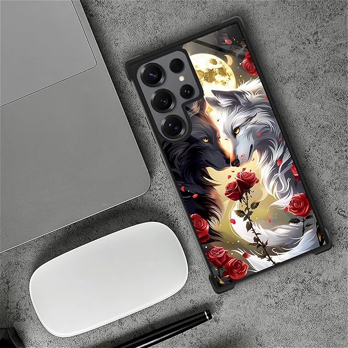 for Samsung Galaxy S25 Ultra Case,Graphic Design for Girl Boy Soft Silicone Hard Acrylic Shock Protection Designed for Samsung Galaxy S25 Ultra Black White Wolf Moon Flower Rose Pattern